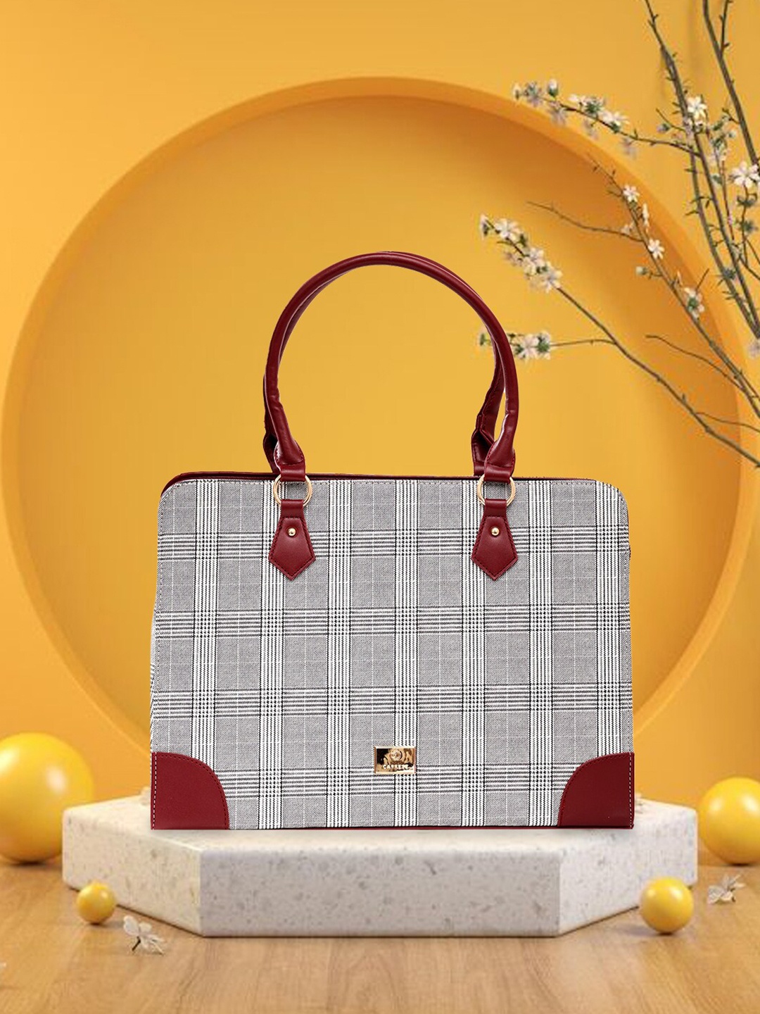 

Caprese Checked Oversized Structured Handheld Bag, Grey