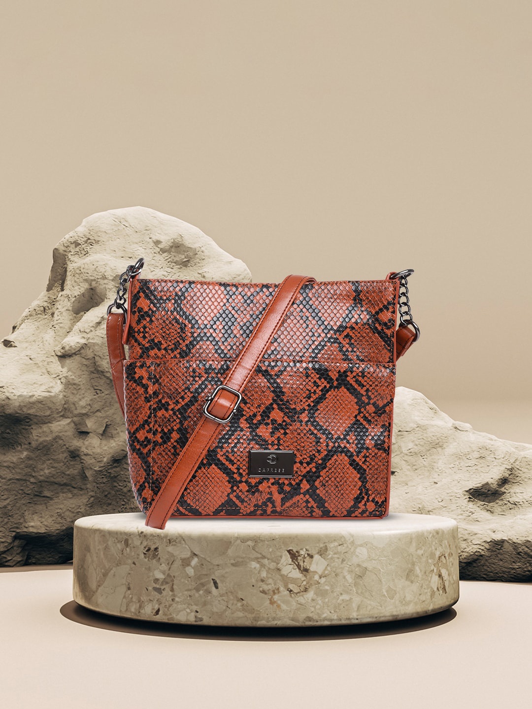 

Caprese Animal Printed Miniature Sling Bag, Tan