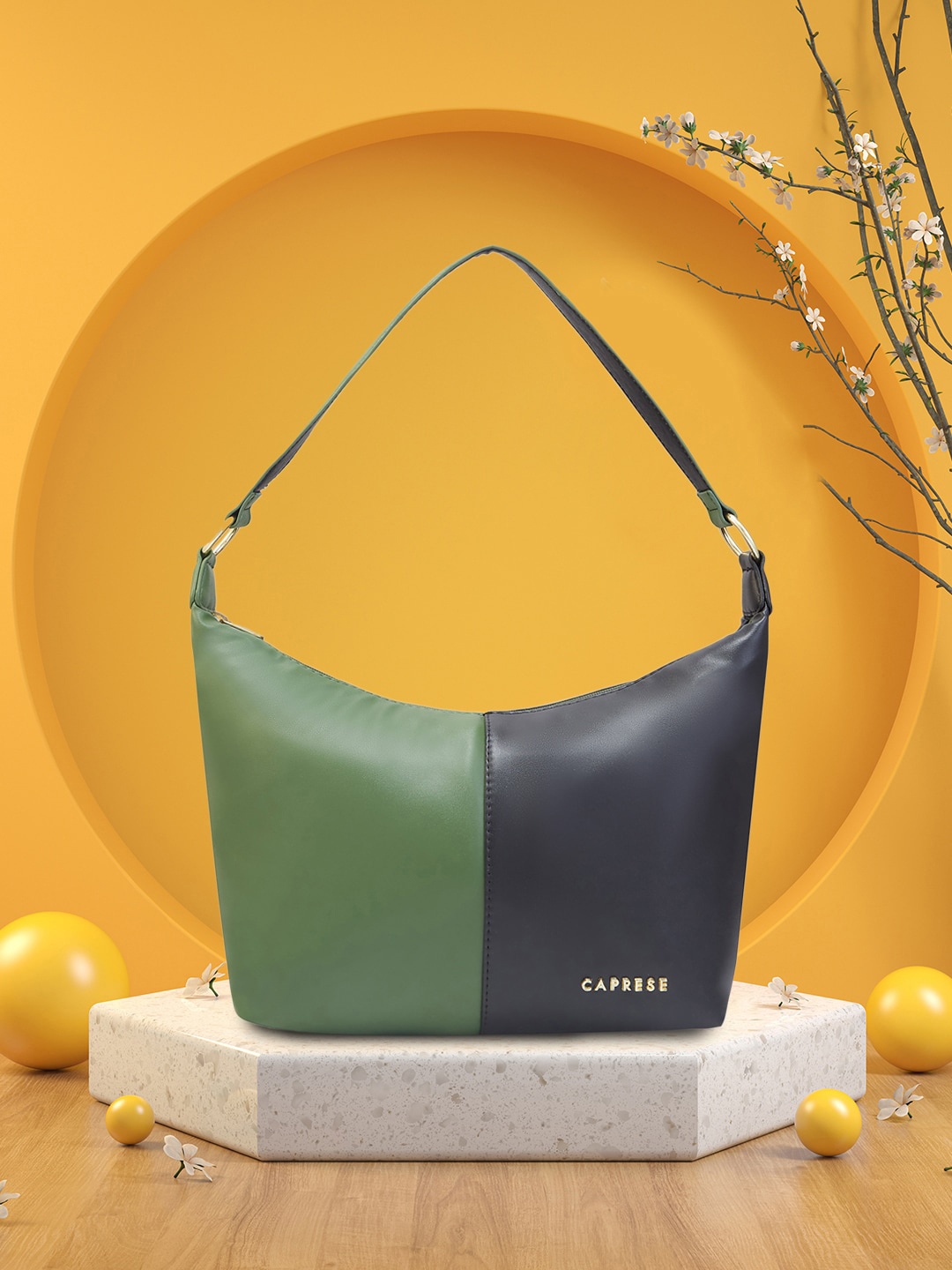 

Caprese Colourblocked Zip Detail PU Structured Hobo Bag, Green