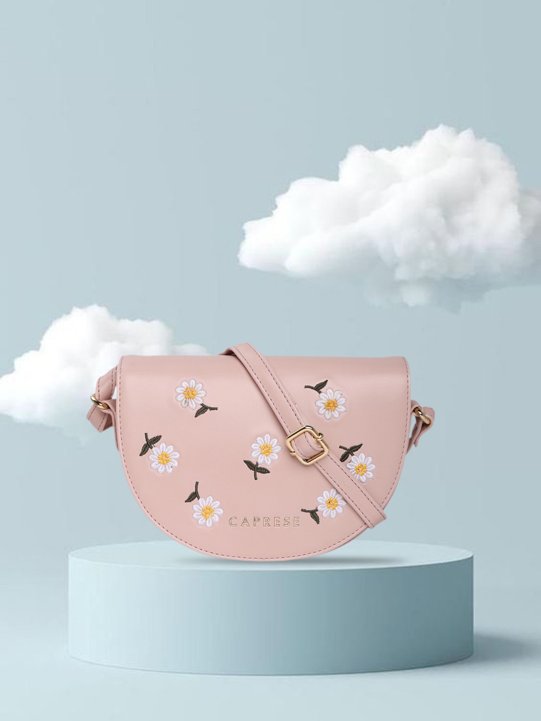 

Caprese Floral Embroidered Half Moon Sling Bag, Pink