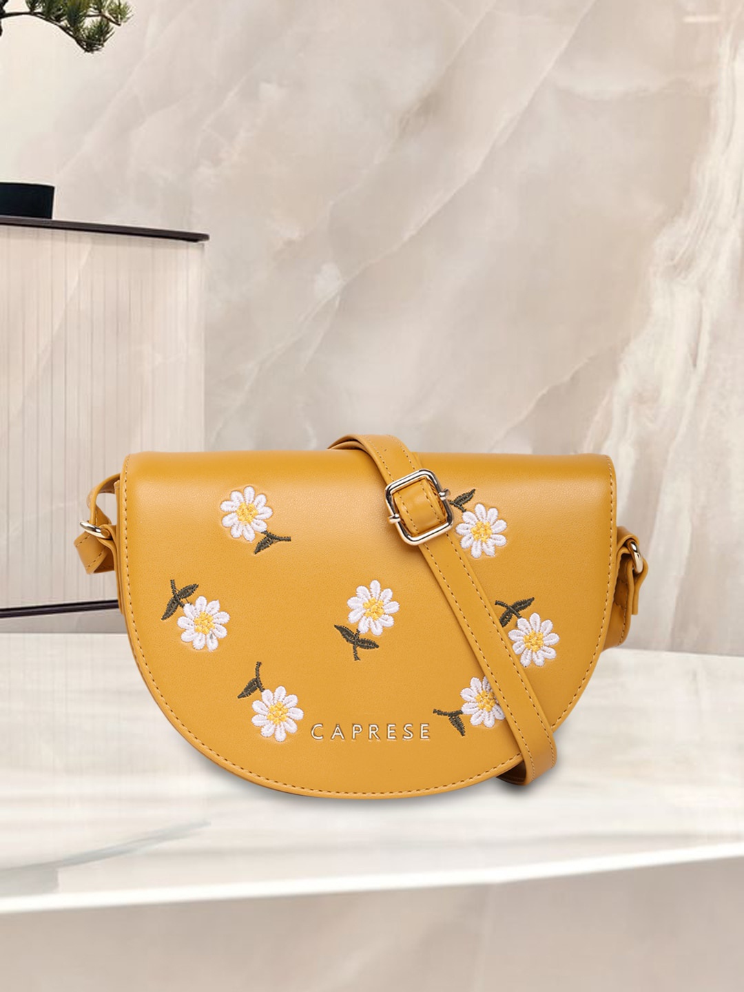 

Caprese Floral Embroidered PU Structured Sling Bag, Orange