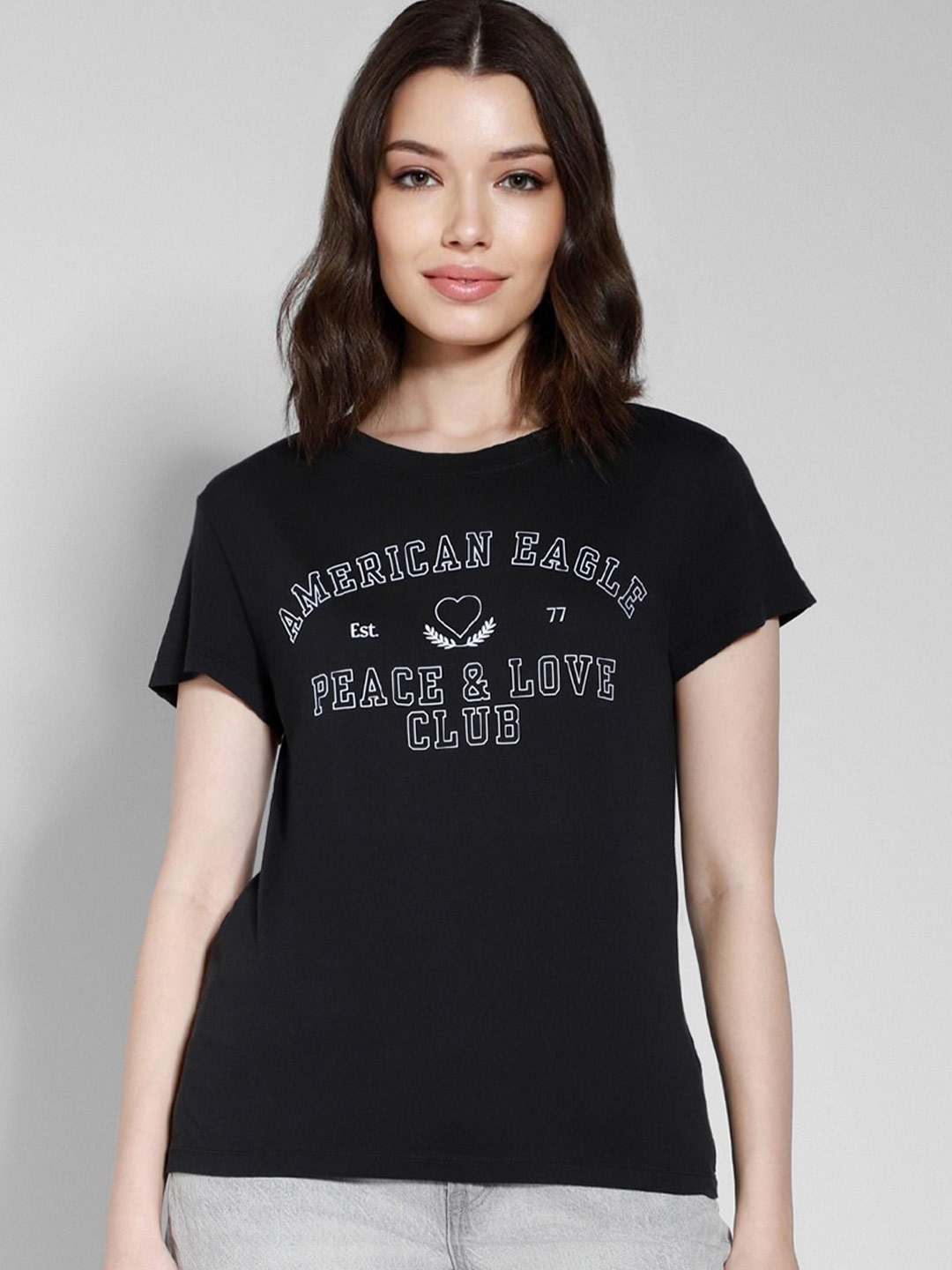 

AMERICAN EAGLE OUTFITTERS Women Typography Printed Extended Sleeves Tshirts, Black