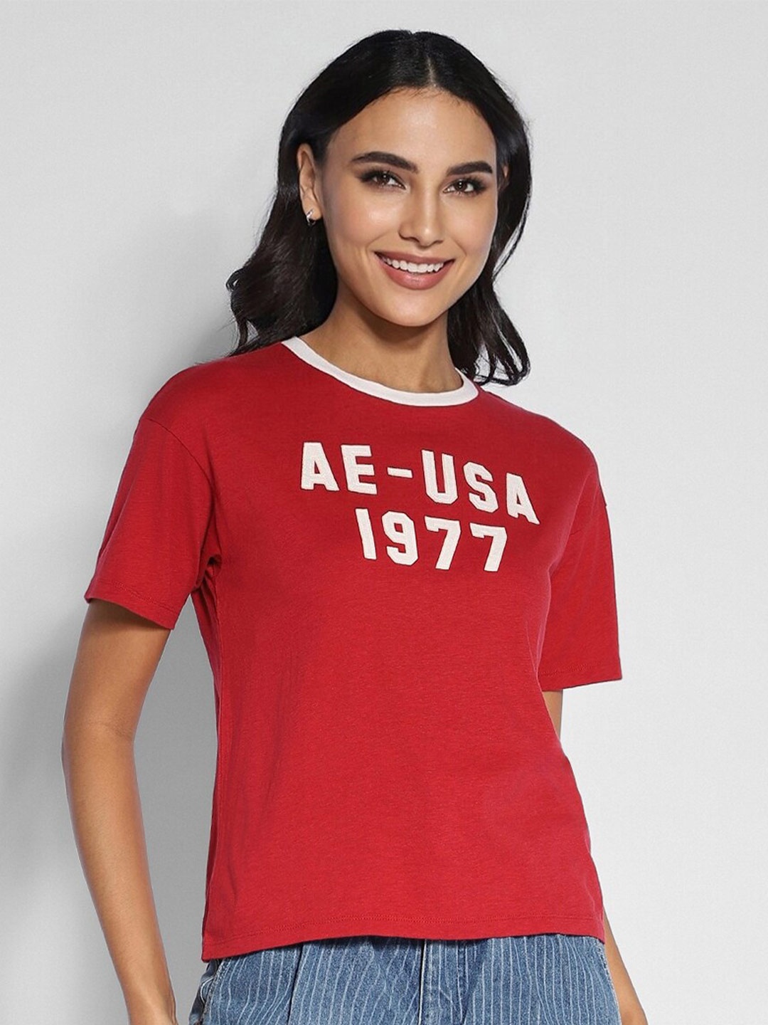 

AMERICAN EAGLE OUTFITTERS Women Typography Printed Applique Tshirts, Red