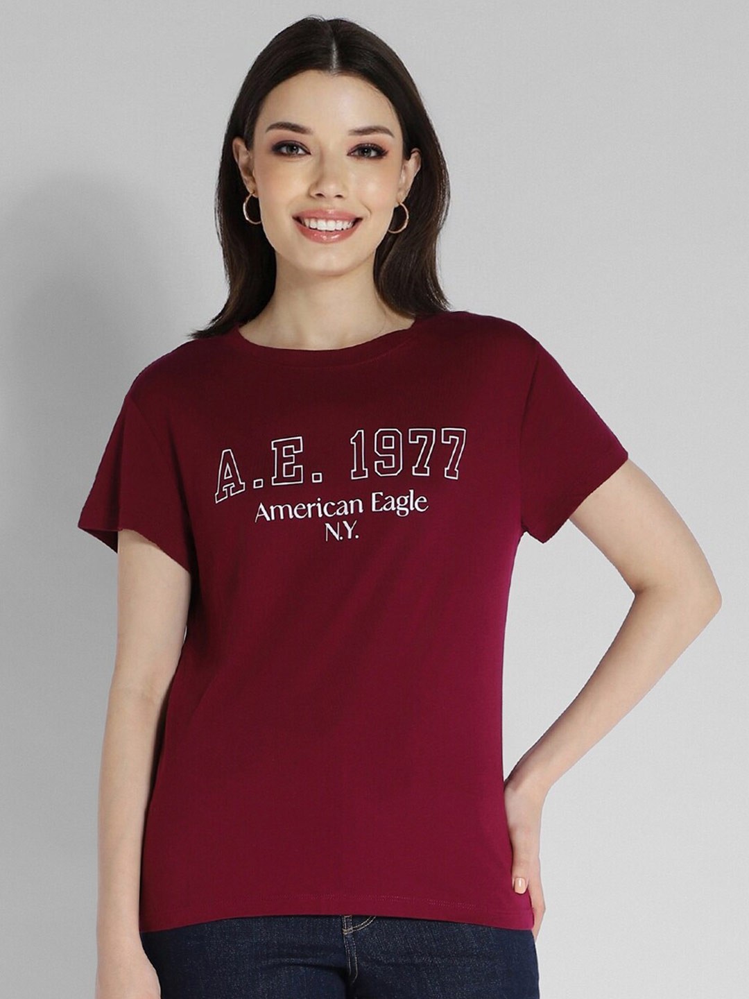 AMERICAN EAGLE OUTFITTERS Women Typography Printed Tshirts, Red