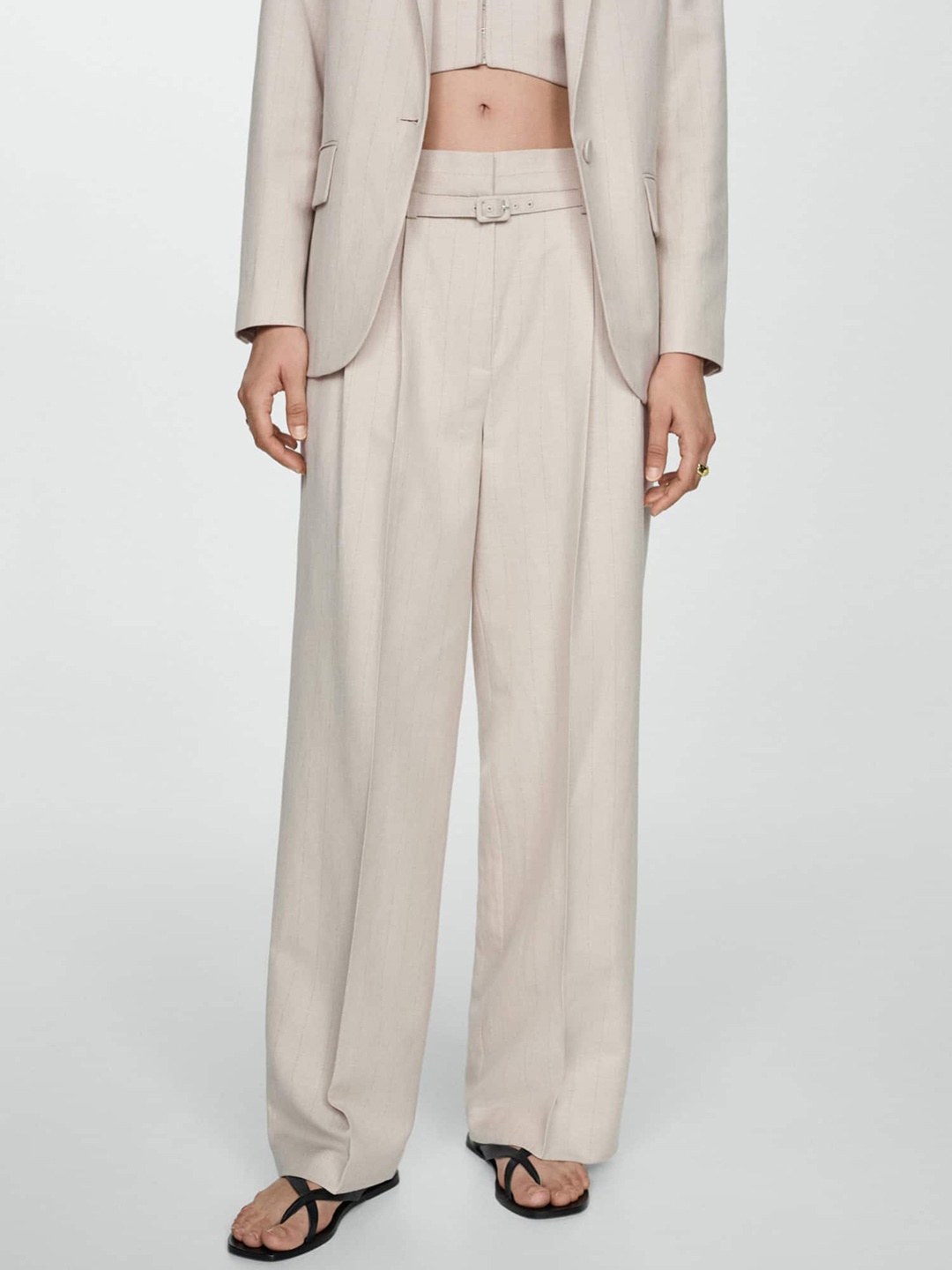 

MANGO Women Striped Loose Fit Pleated Trousers, Beige