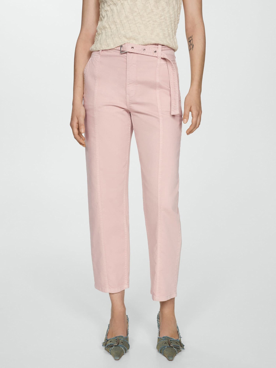 

MANGO Women Straight Fit Pure Cotton Coloured Trousers, Pink