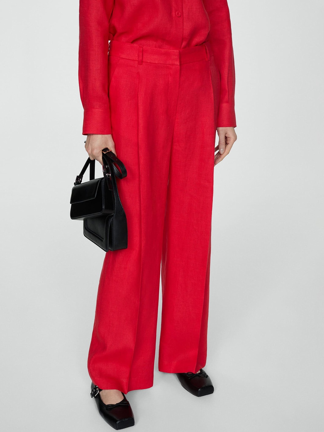 

MANGO Women Straight Fit Pleated Trousers, Red