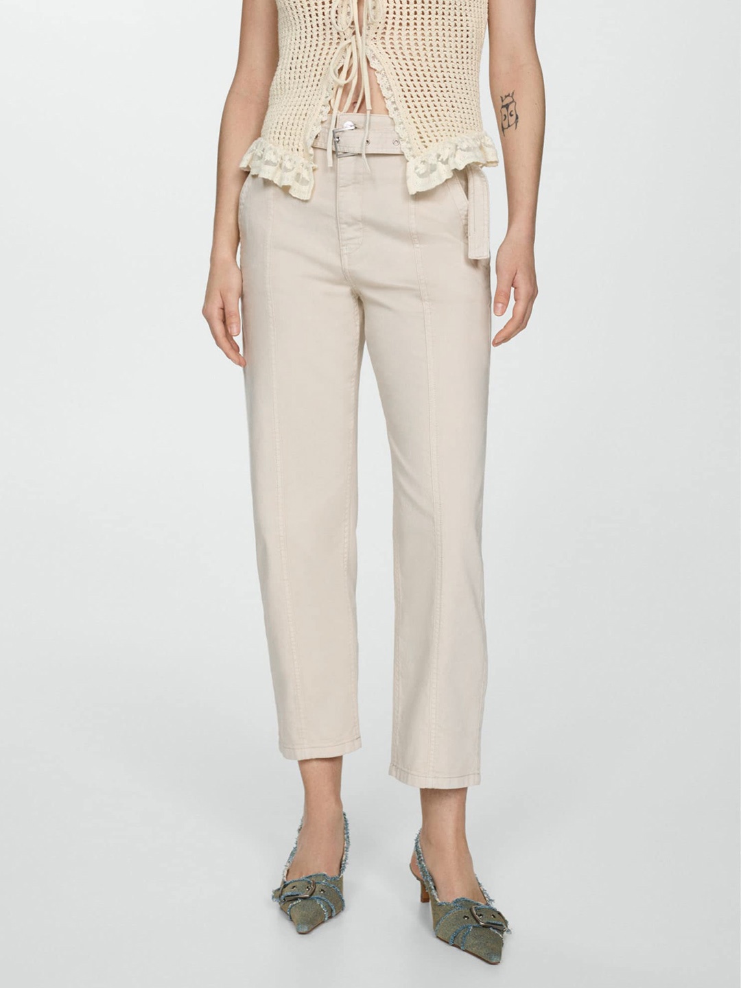 

MANGO Women Straight Fit Trousers, Beige