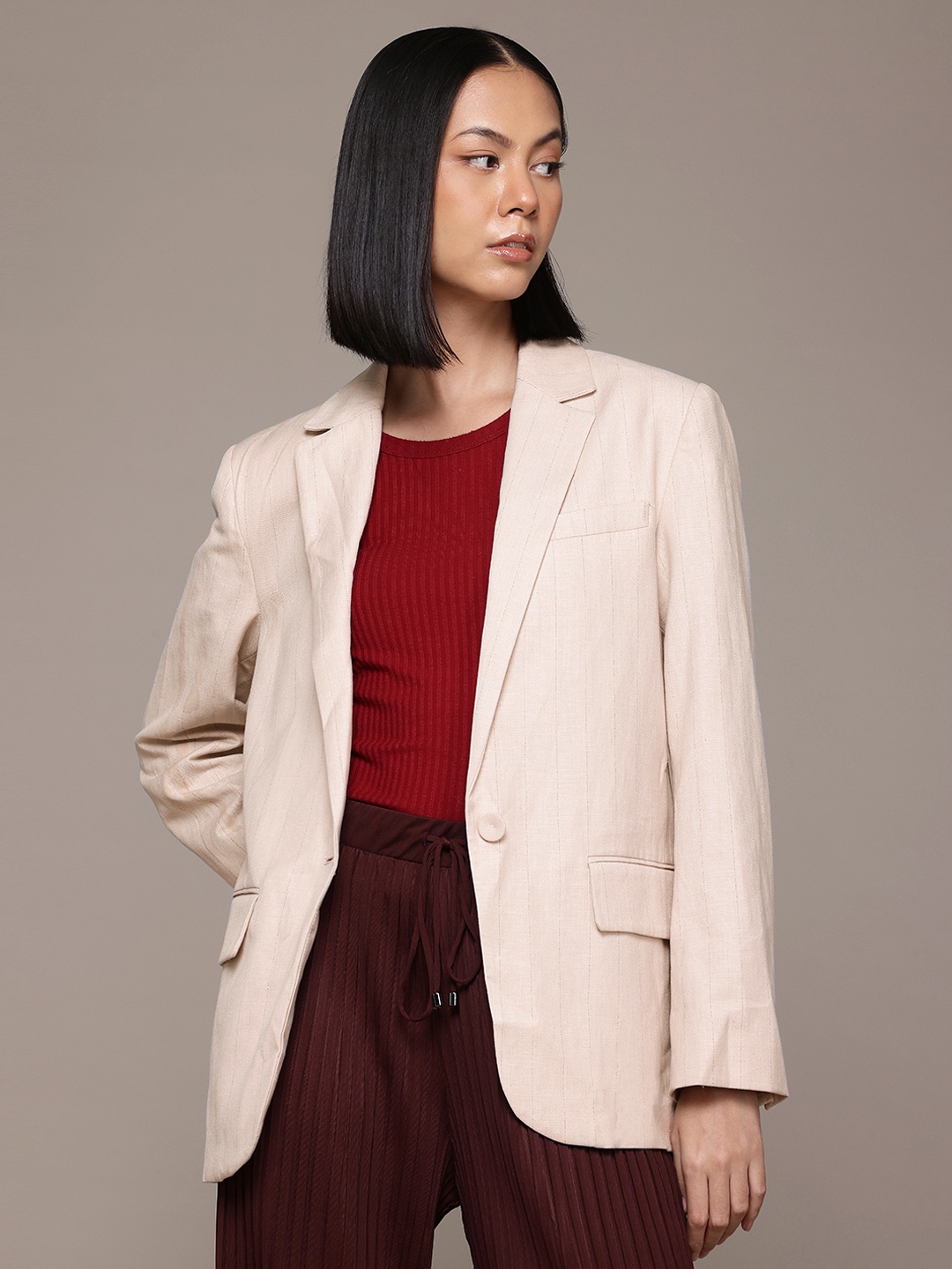 

MANGO Notched Lapel Collar Single Breasted Blazer, Beige