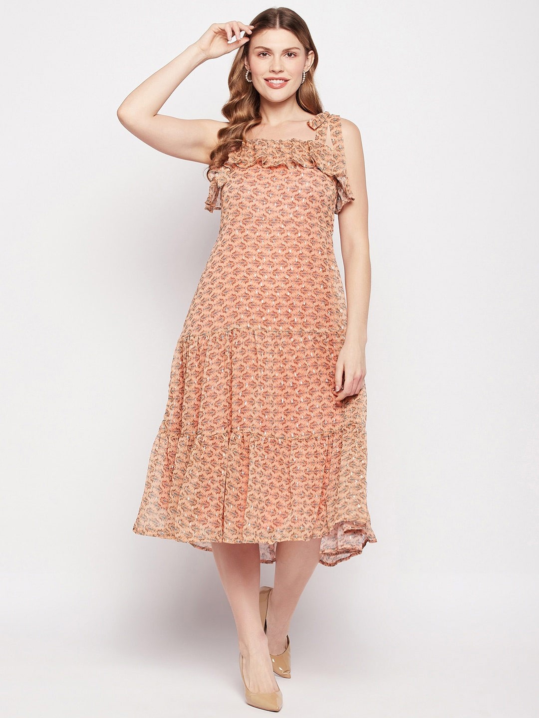

Fashfun Floral Print Shoulder Straps Georgette A-Line Midi Dress, Peach