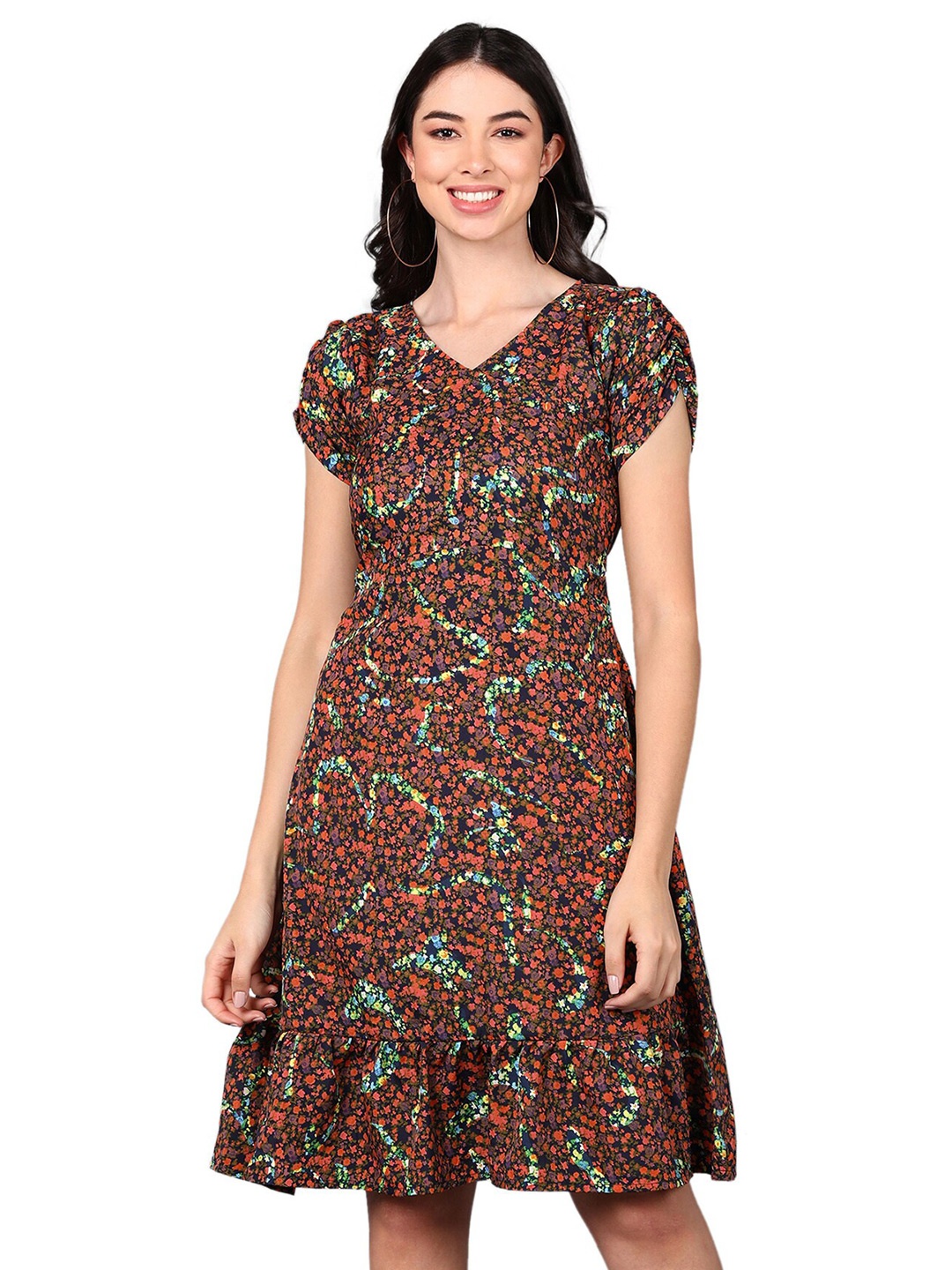 

Fashfun Floral Printed V-Neck Crepe A-Line Dress, Multi