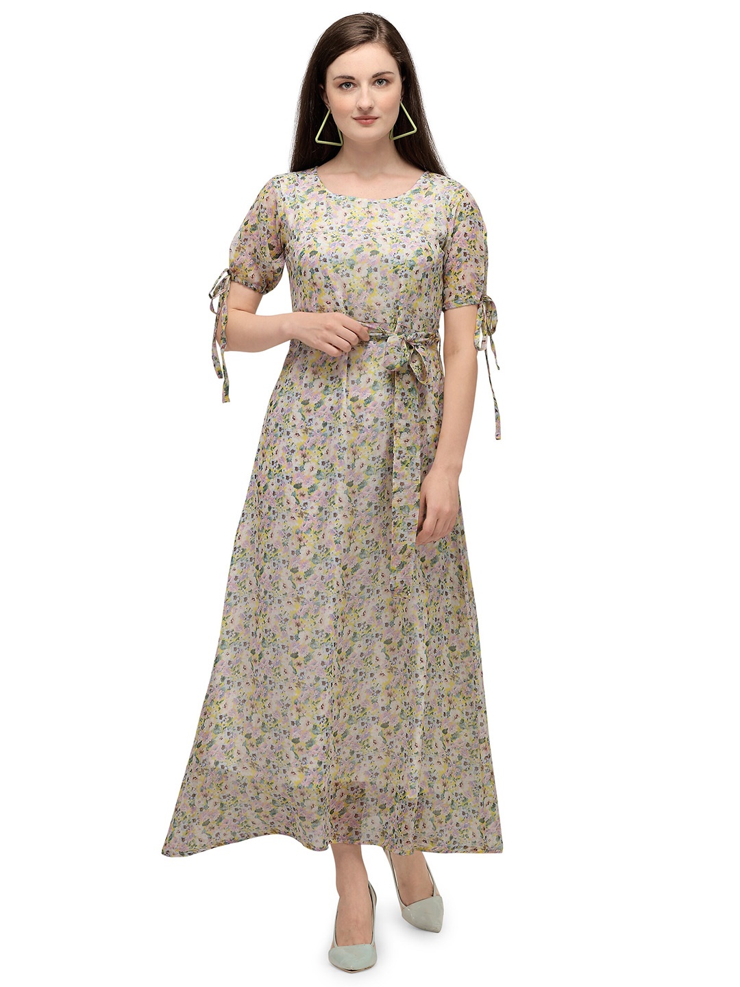 

Fashfun Floral Print Slit Sleeve Chiffon Maxi Dress, Green