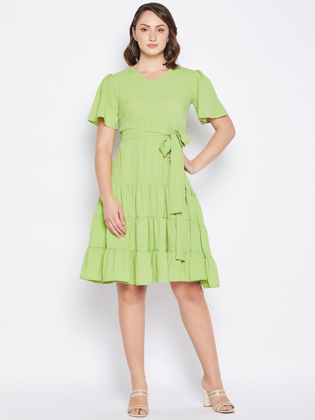 

Fashfun V-Neck Flared Sleeve Crepe Fit & Flare Dress, Green