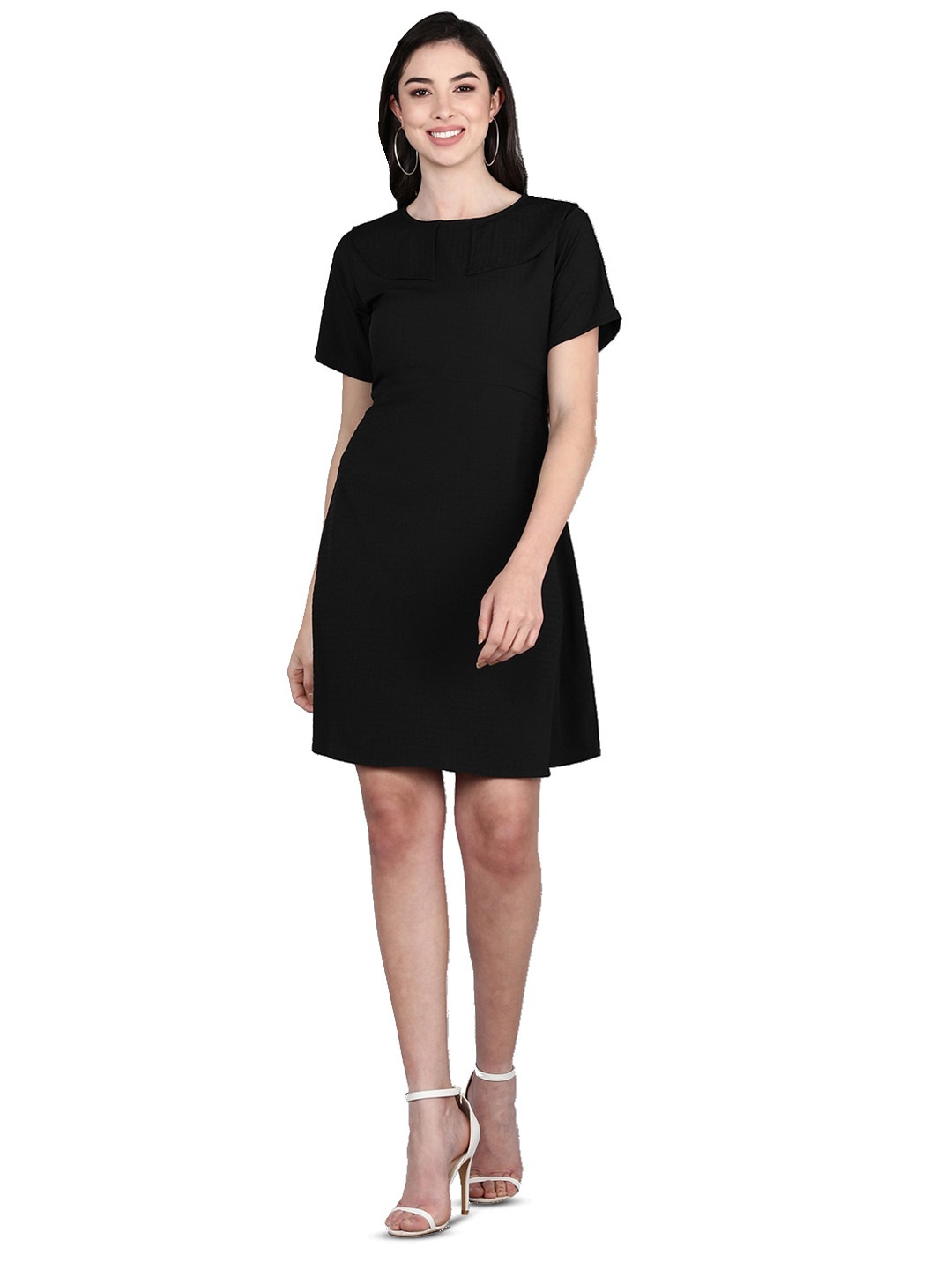 

Fashfun Round Neck Crepe A-Line Dress, Black