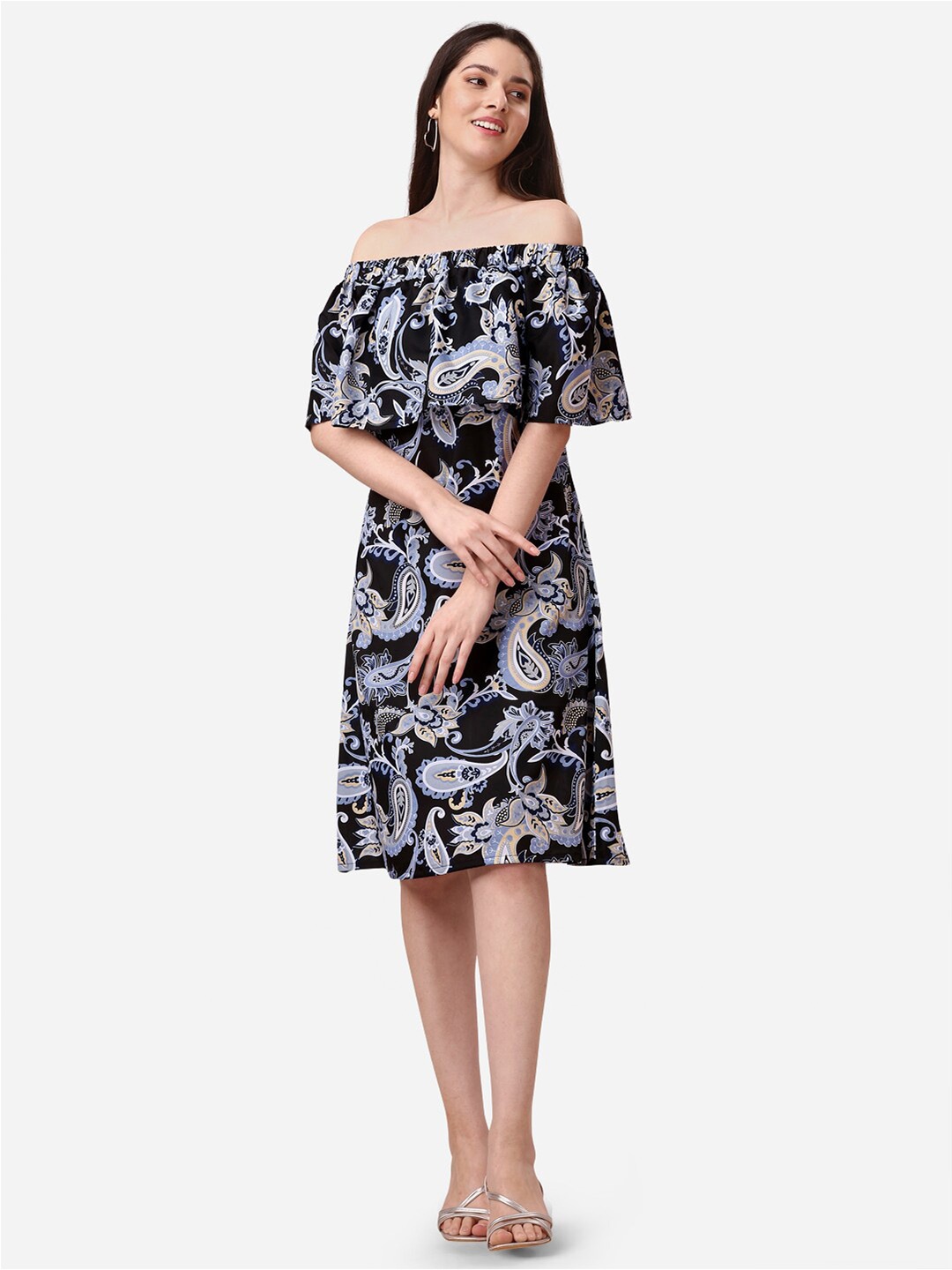 

Fashfun Floral Printed Off-Shoulder Flared Sleeve A-Line Dress, Black