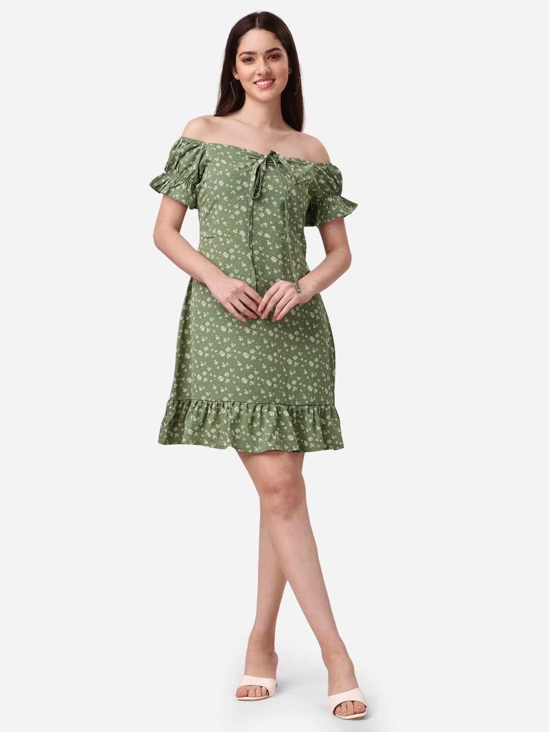 

Fashfun Floral Printed Off-Shoulder Fit and Flare Dress, Green