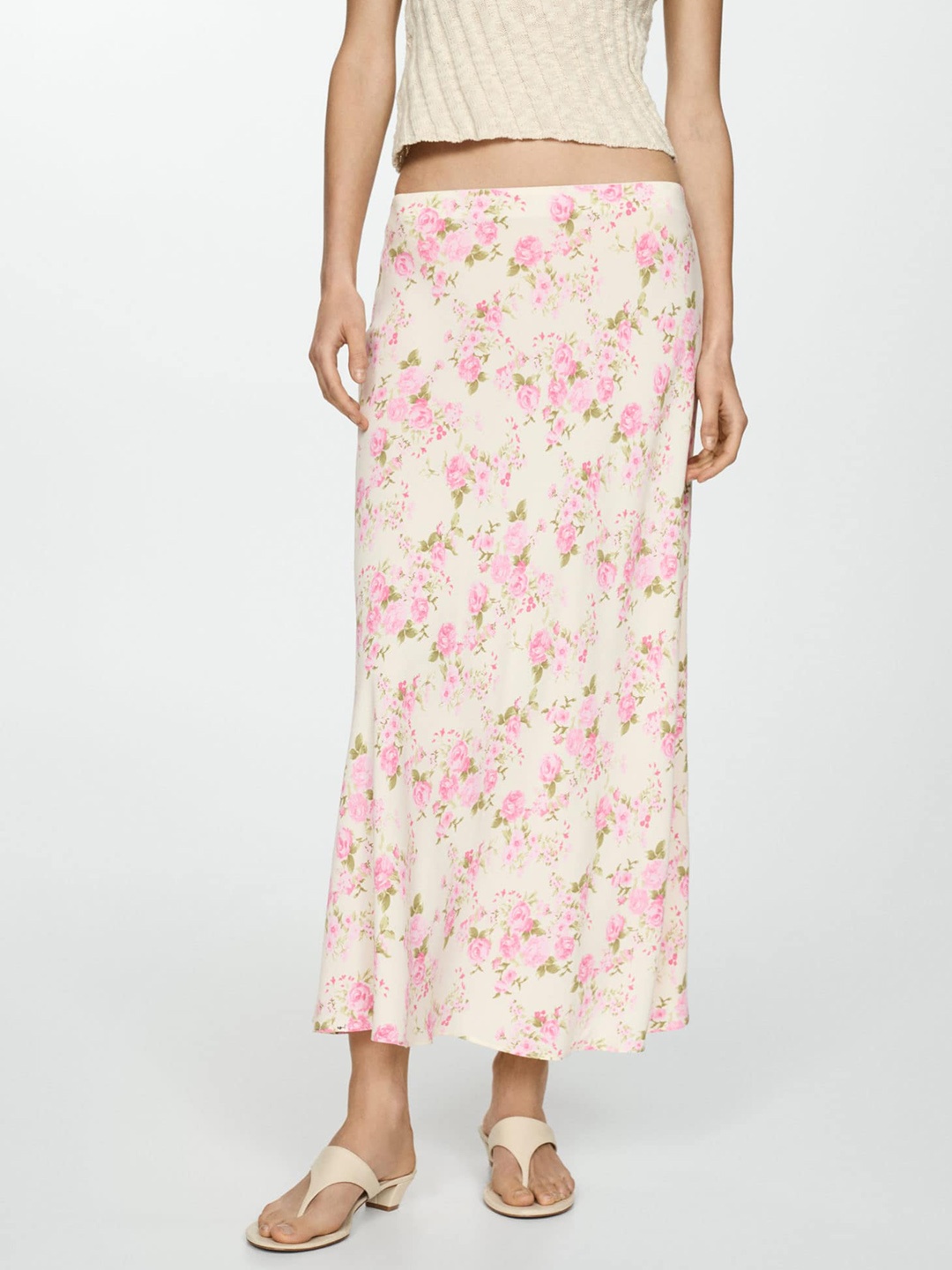 

MANGO Floral Print A-Line Midi Skirt, Cream