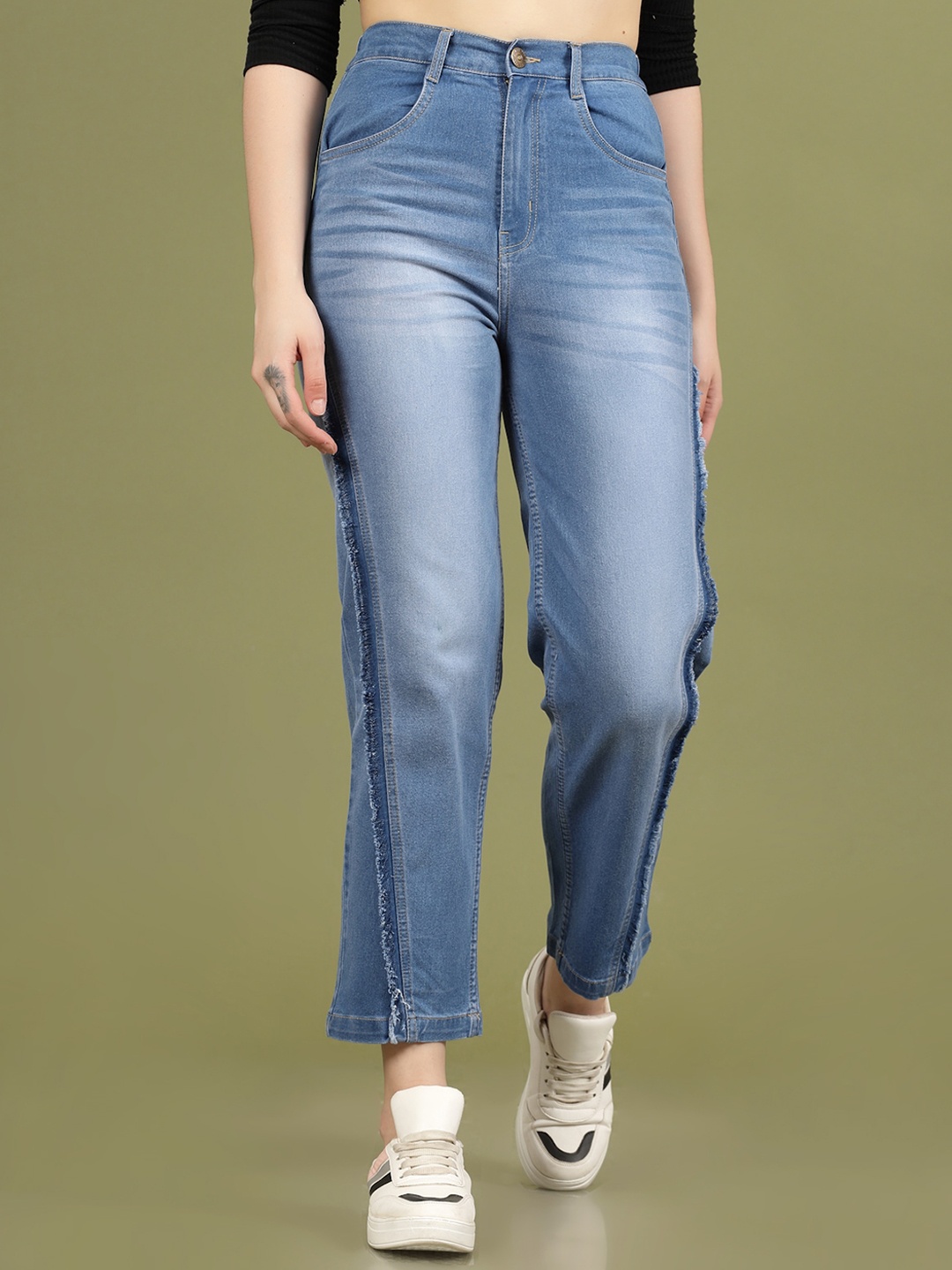 

plusS Women Blue High-Rise Clean Look Light Fade Frayed Hem Cotton Jeans