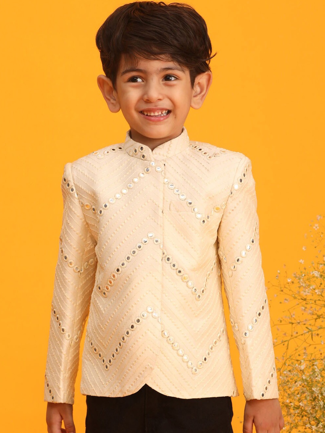 

VASTRAMAY Boys Mirror Work Embroidered Bandhgala Ethnic Blazer, Cream