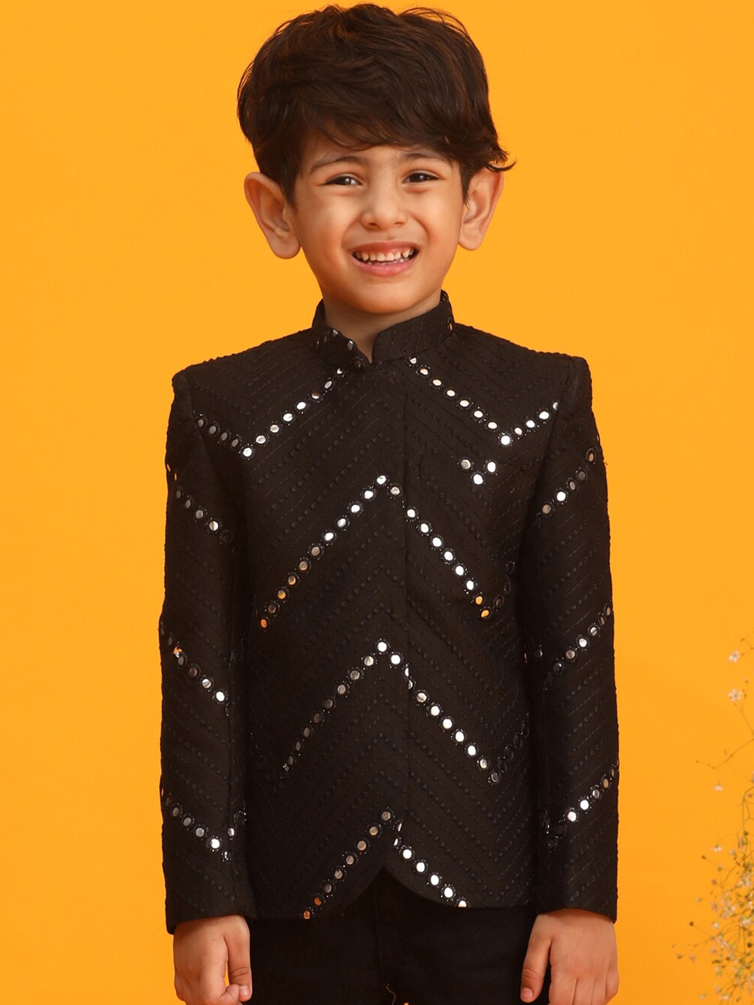 VASTRAMAY Boys Mirror Work Embroidered Slim-Fit Bandhgala Ethnic Blazer, Black