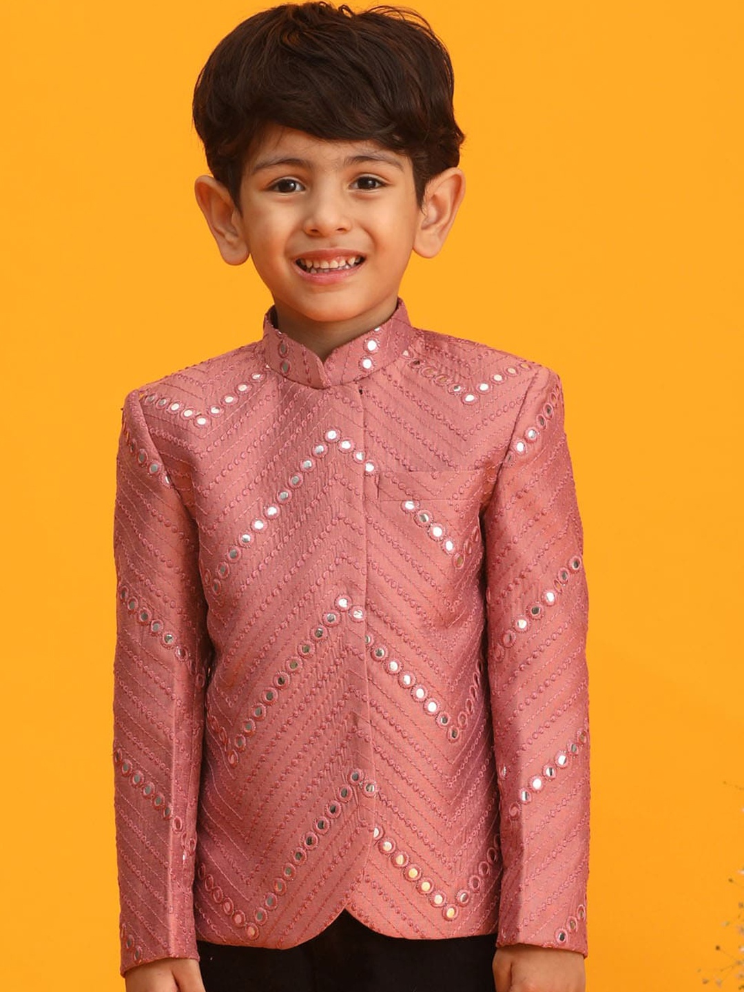 

VASTRAMAY Boys Mirror Work Embroidered Slim-Fit Bandhgala Ethnic Blazer, Pink