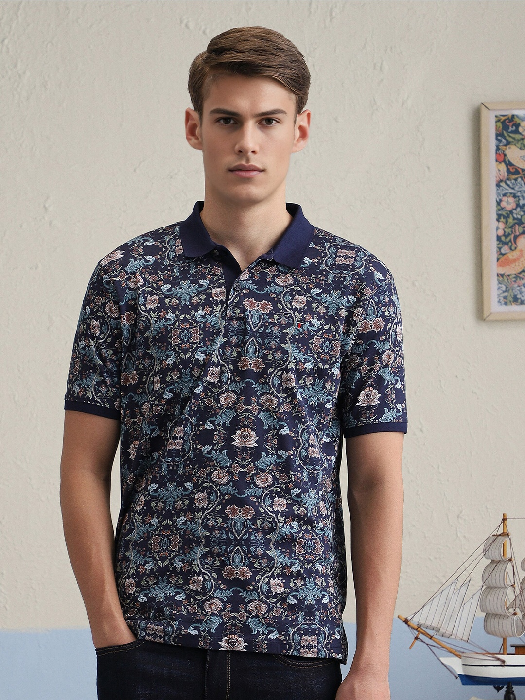 

Louis Philippe Jeans Men Floral Printed Polo Collar Slim Fit Tshirt, Navy blue