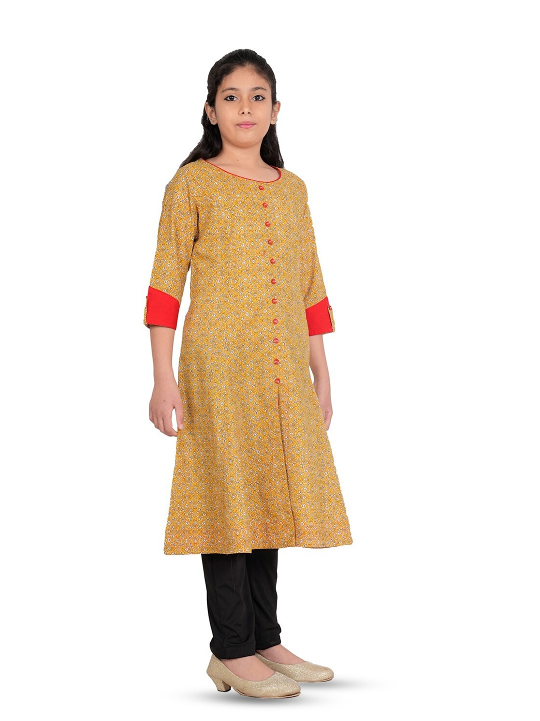 

YASH GALLERY Girls Ethnic Motifs Printed A-Line Midi Dress, Yellow