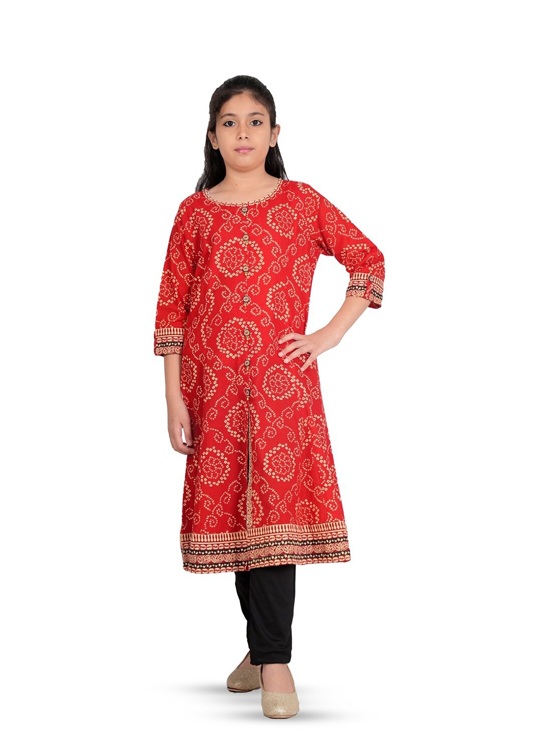 

YASH GALLERY Girls Ethnic Motifs Printed A-Line Midi Dress, Red
