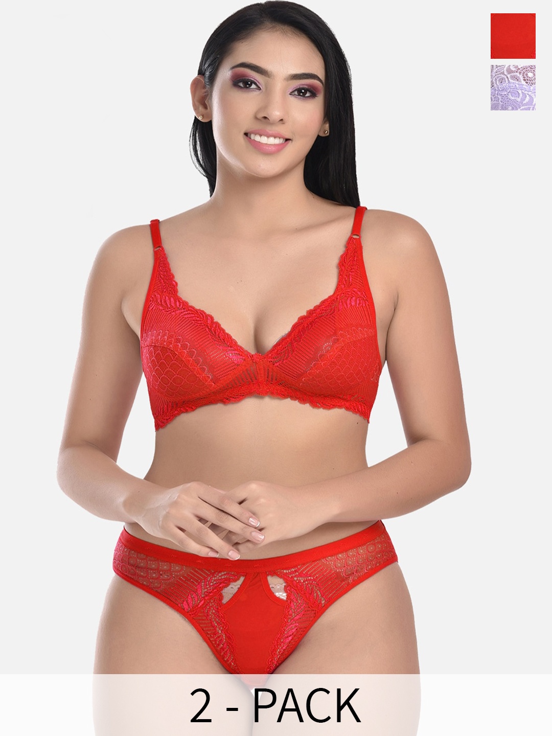 StyFun Pack Of 2 Self-Designed Lace & Net Lingerie Set, Red