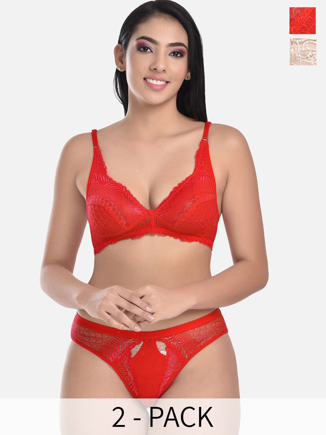 StyFun Pack Of 2 Lace Net Non Padded Bra & Mid-Rise Brief, Red