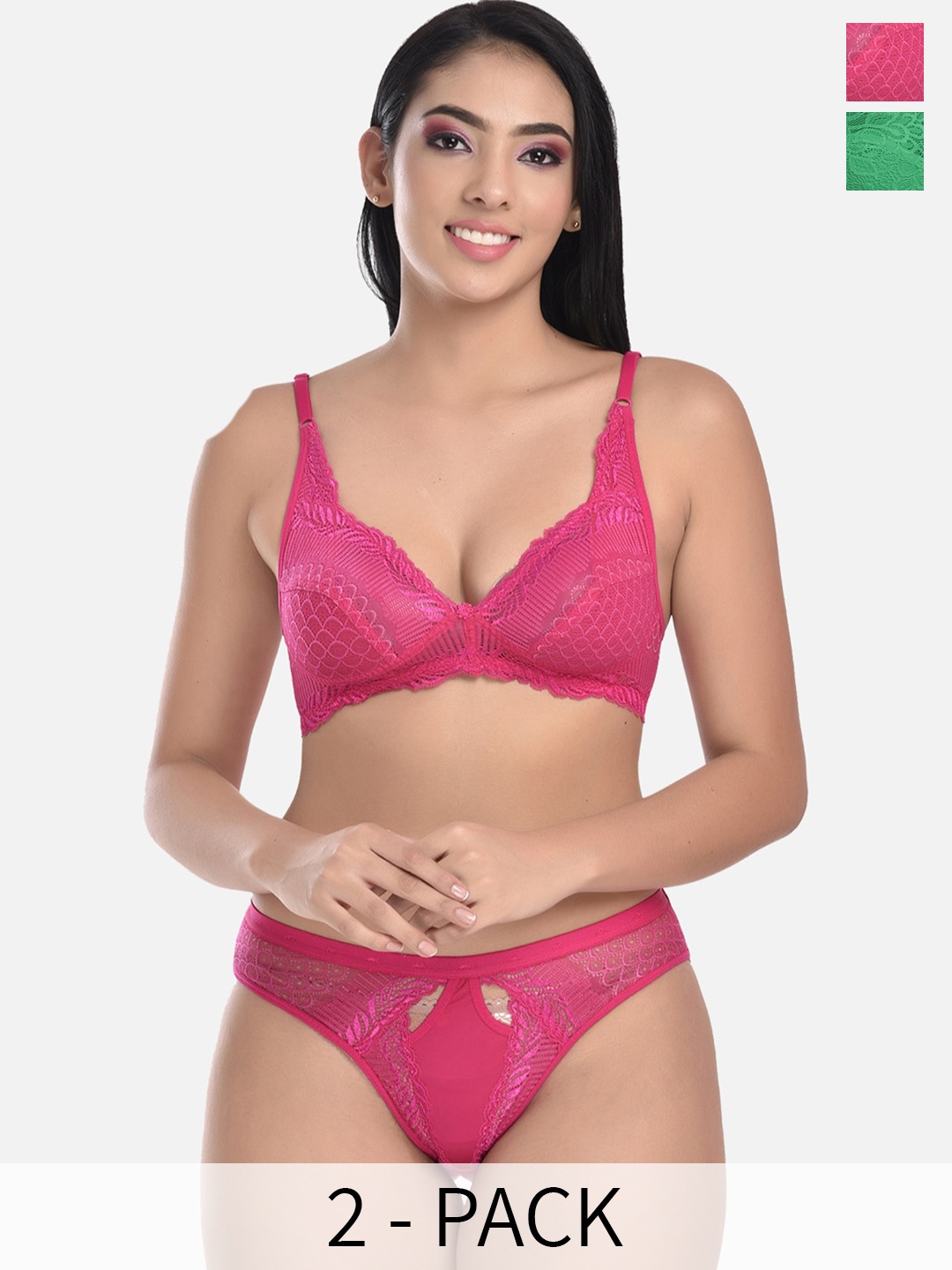 

StyFun Pack of 2 Floral Self-Design Lace Non Padded Lingerie Sets, Pink