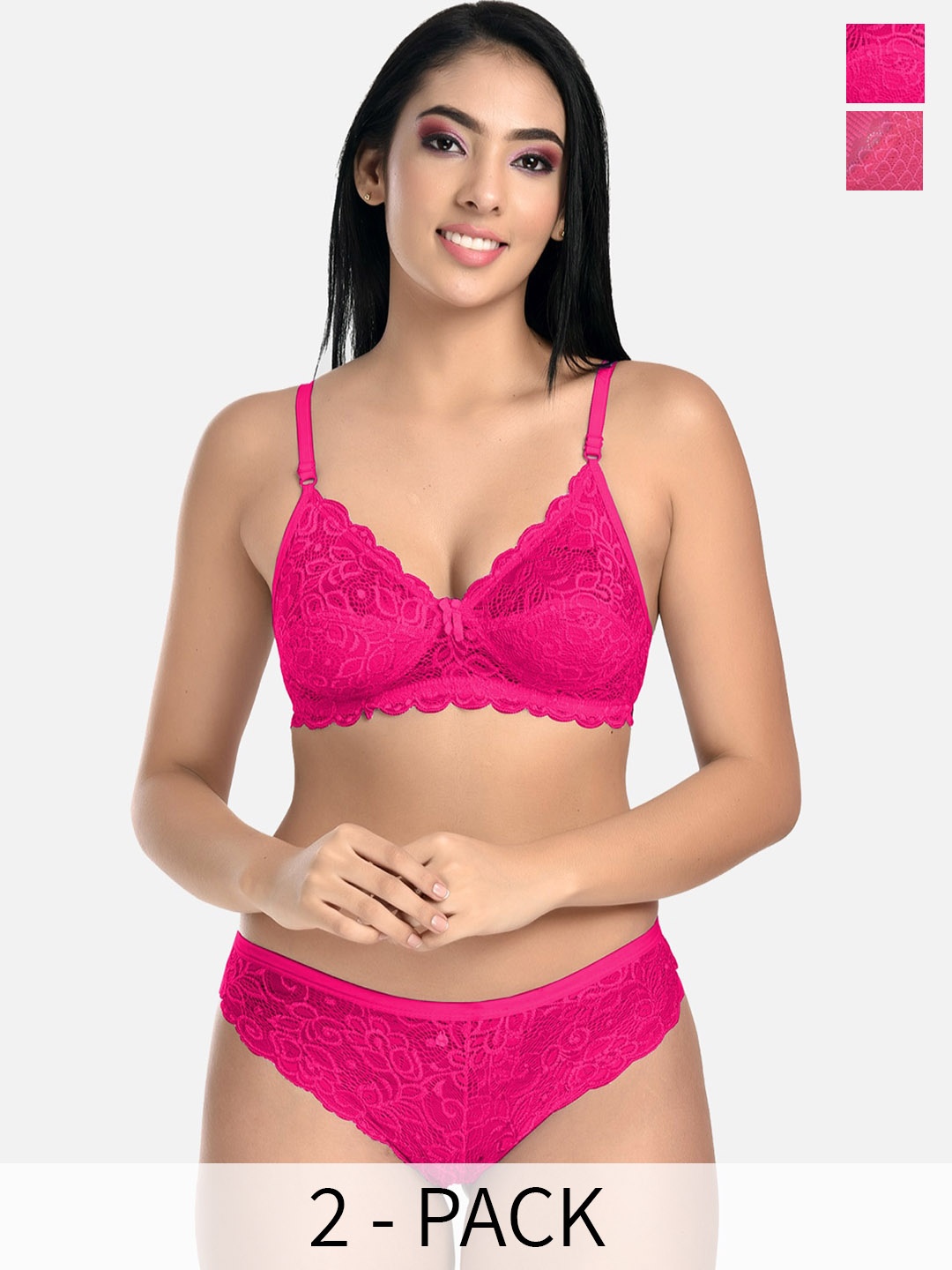 

StyFun Pack of 2 Floral Self-Design Lace Non Padded Lingerie Sets, Pink