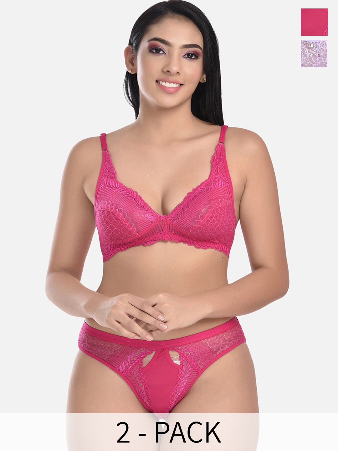 

StyFun Pack of 2 Floral Self-Design Lace Non Padded Lingerie Sets, Pink