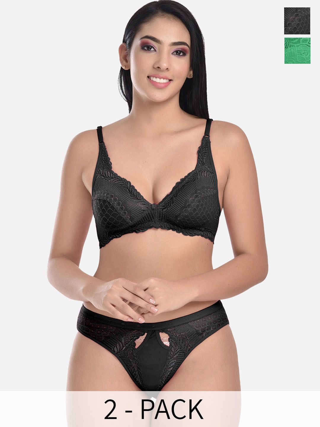 

StyFun Pack of 2 Floral Self-Design Lace Non Padded Lingerie Sets, Black