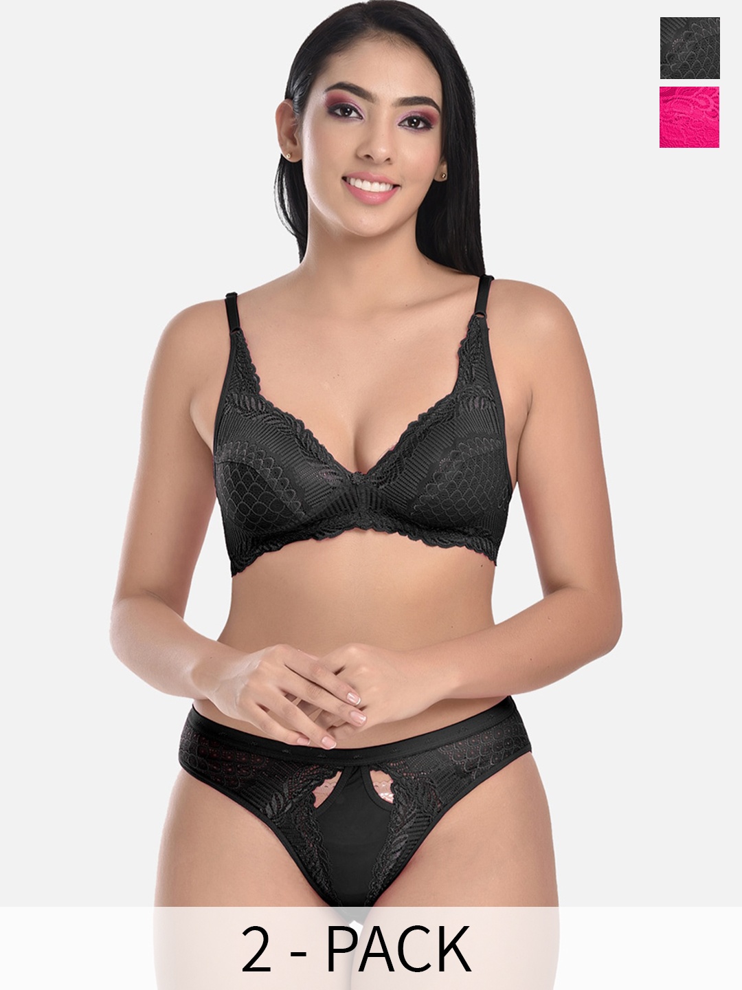 

StyFun Pack of 2 Floral Self-Design Lace Non Padded Lingerie Sets, Black