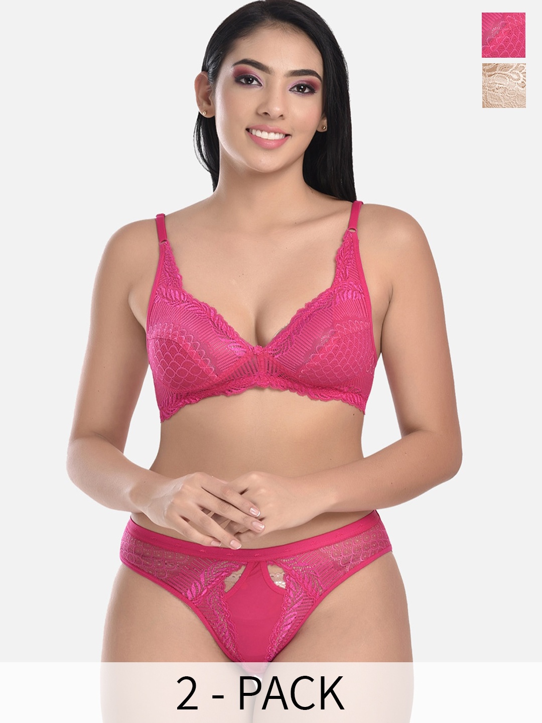 

StyFun Pack of 2 Floral Self-Design Lace Non Padded Lingerie Sets, Pink