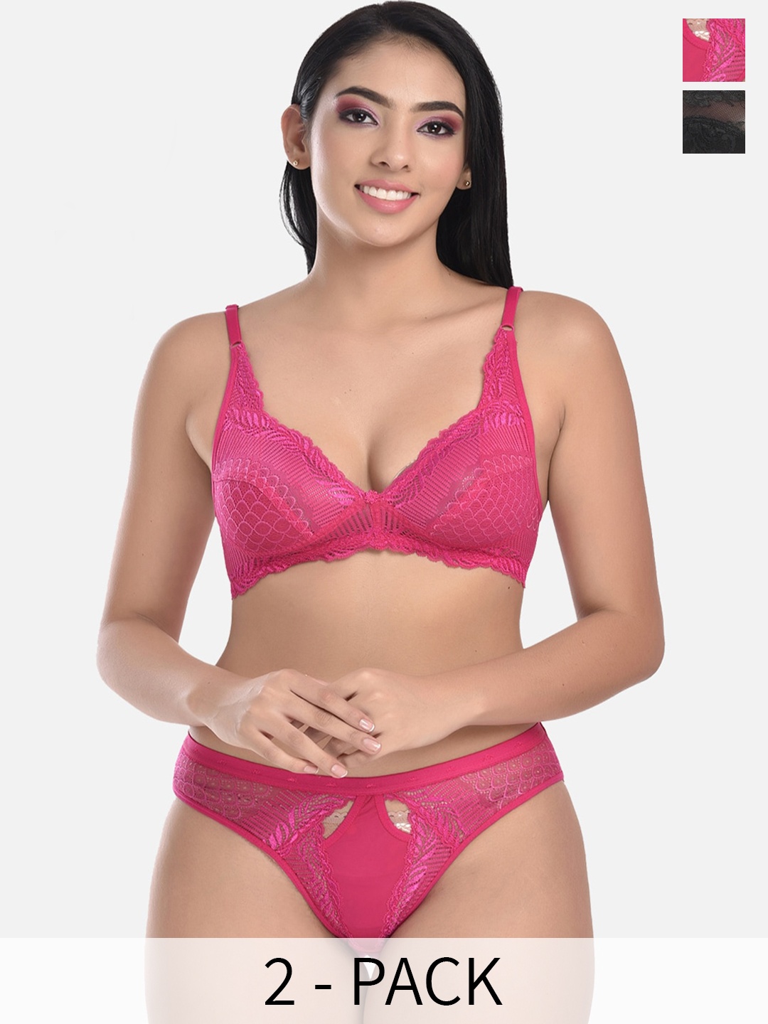 

StyFun Pack Of 2 Self-Designed Lace & Net Lingerie Set, Pink