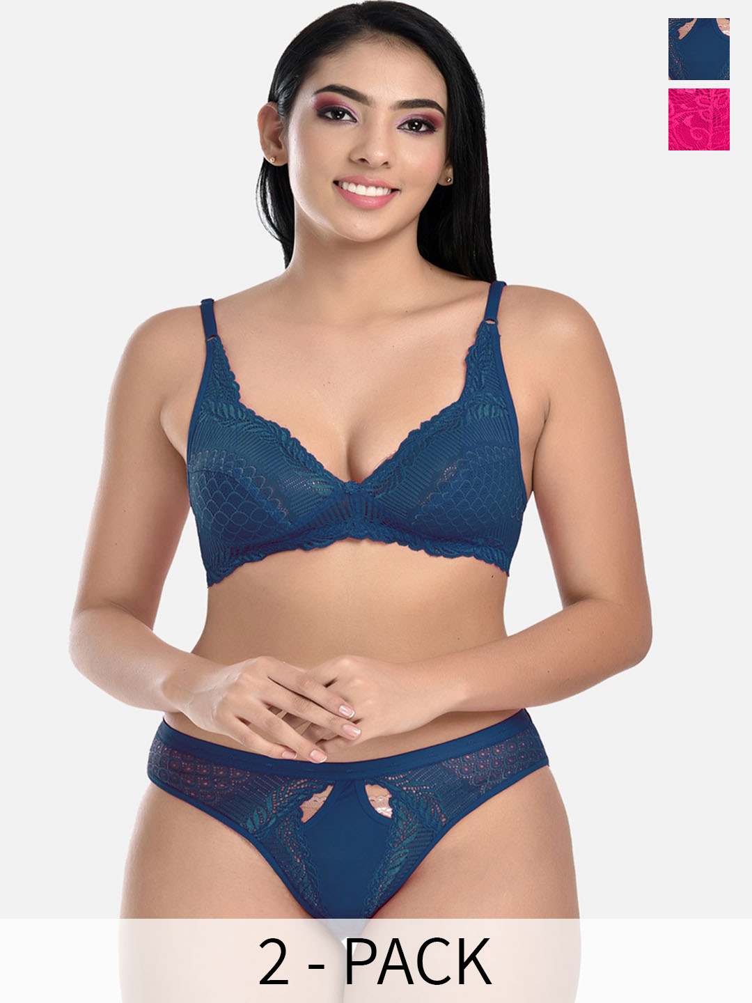 

StyFun Pack of 2 Floral Self-Design Lace Non Padded Lingerie Sets, Blue