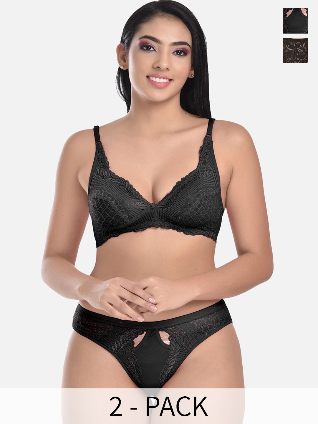 

StyFun Pack of 2 Floral Self-Design Lace Non Padded Lingerie Sets, Black
