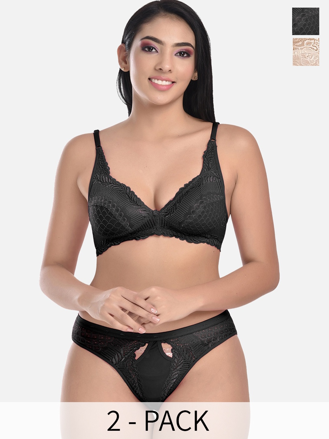 

StyFun Pack of 2 Floral Self-Design Lace Non Padded Lingerie Sets, Black