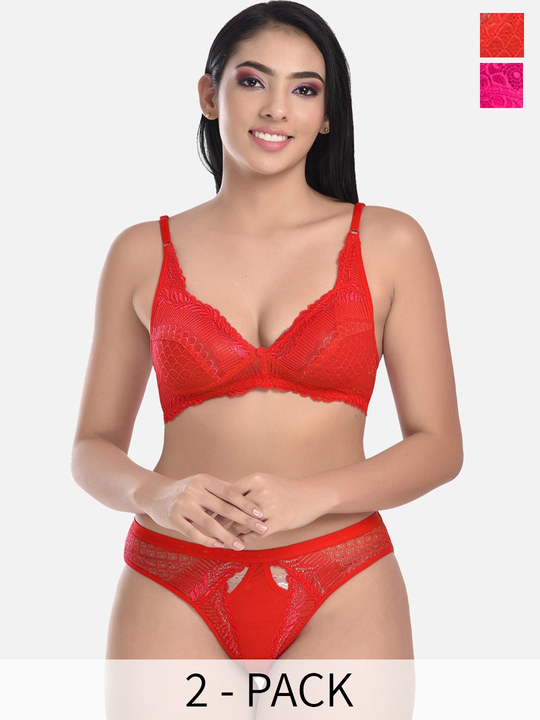 StyFun Pack Of 2 Self-Designed Lace & Net Lingerie Set, Red