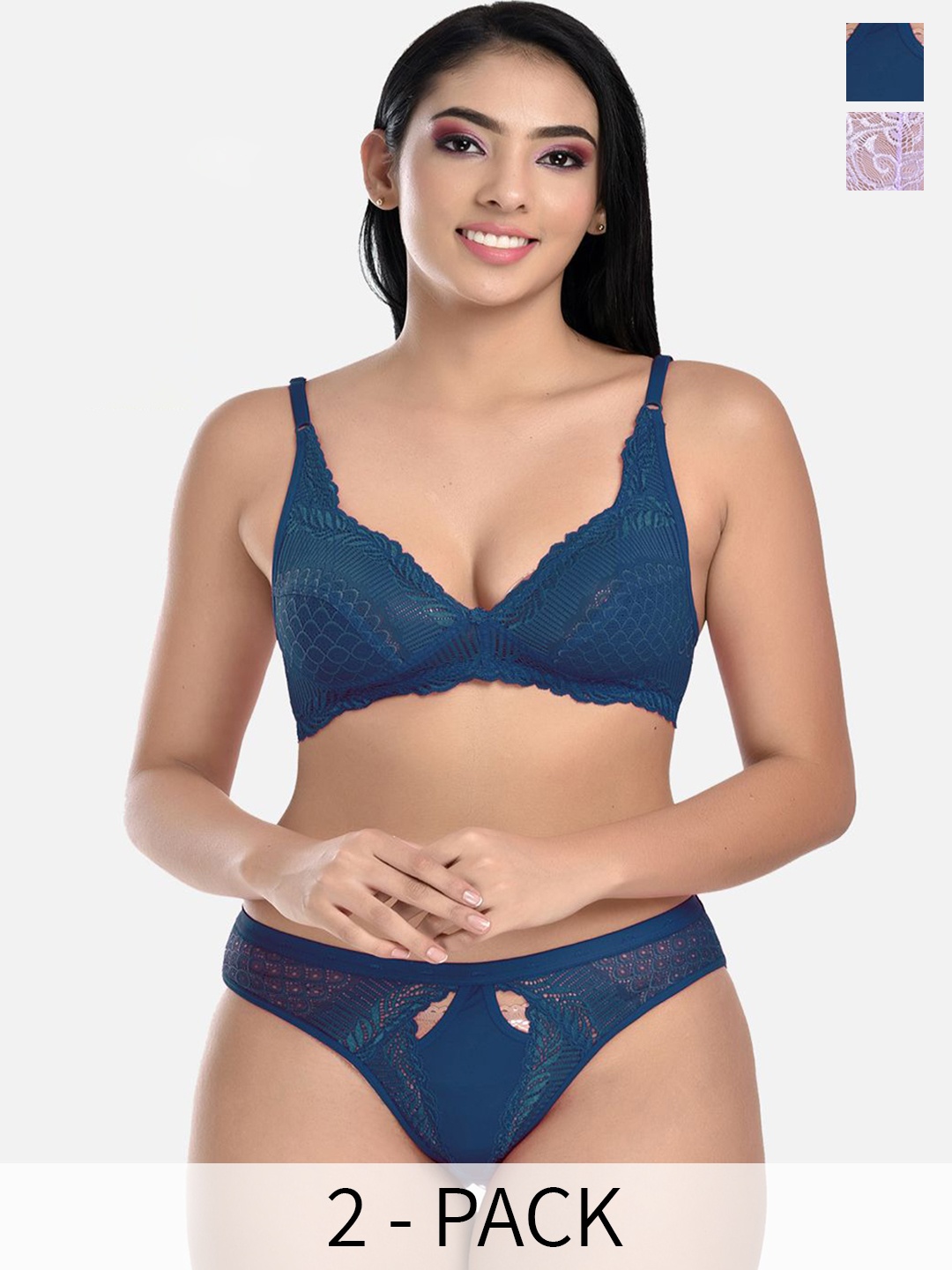 

StyFun Pack Of 2 Self-Designed Lace & Net Lingerie Set, Blue