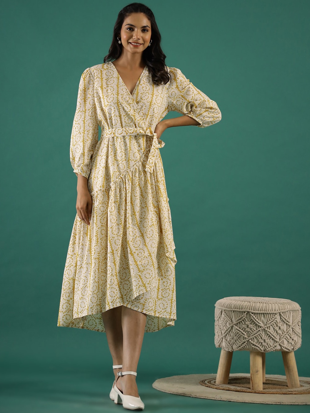 

RangDeep Ethnic Motifs Printed Puff Sleeves Tie Up Cotton Wrap Midi Dress, Yellow