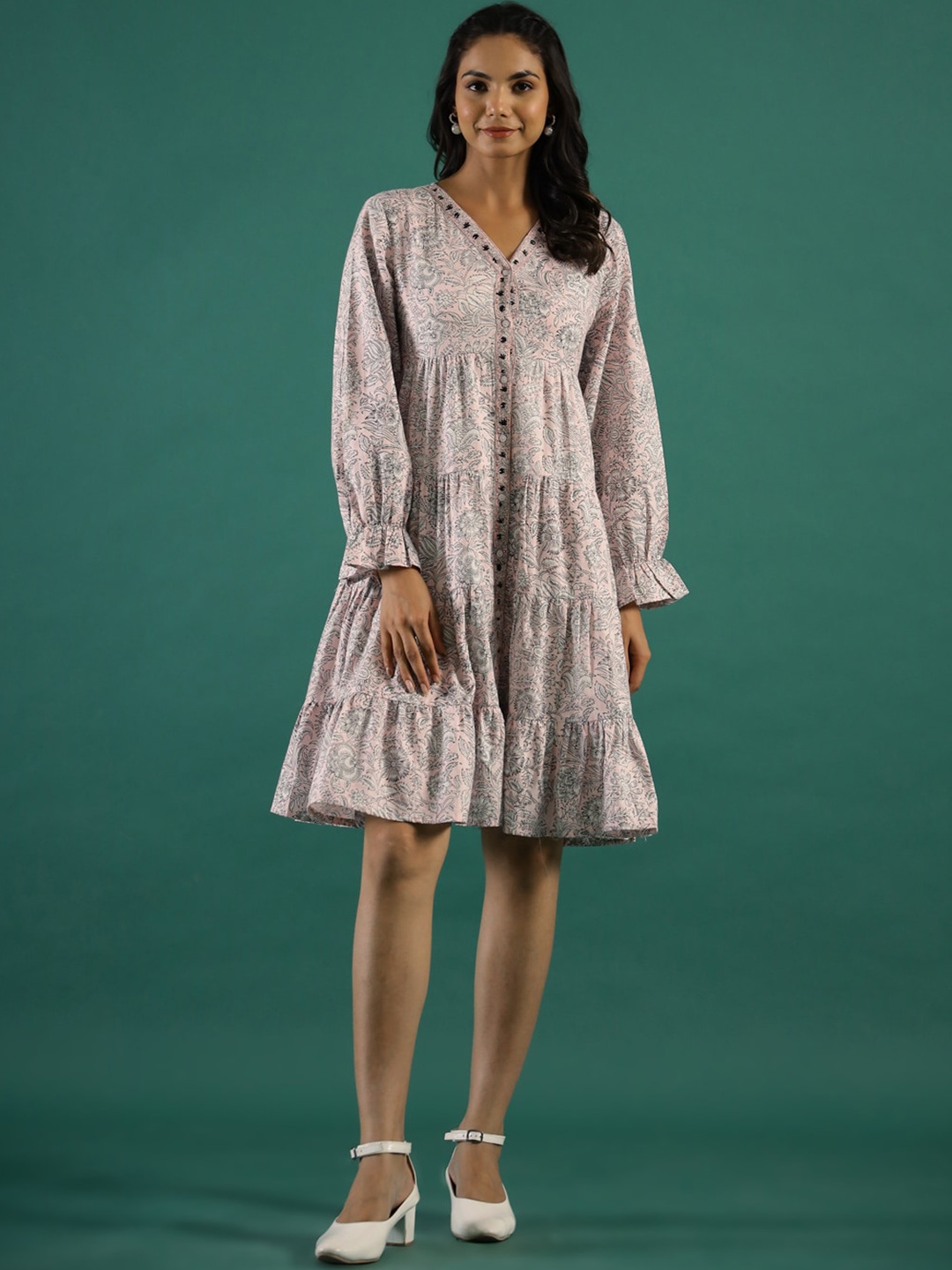 

RangDeep Ethnic Motifs Printed Bell Sleeve Cotton Tiered Fit & Flare Dress, Pink