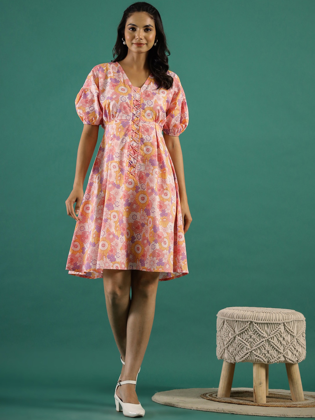 

RangDeep Floral Printed Puff Sleeves Cotton A-Line Dress, Pink