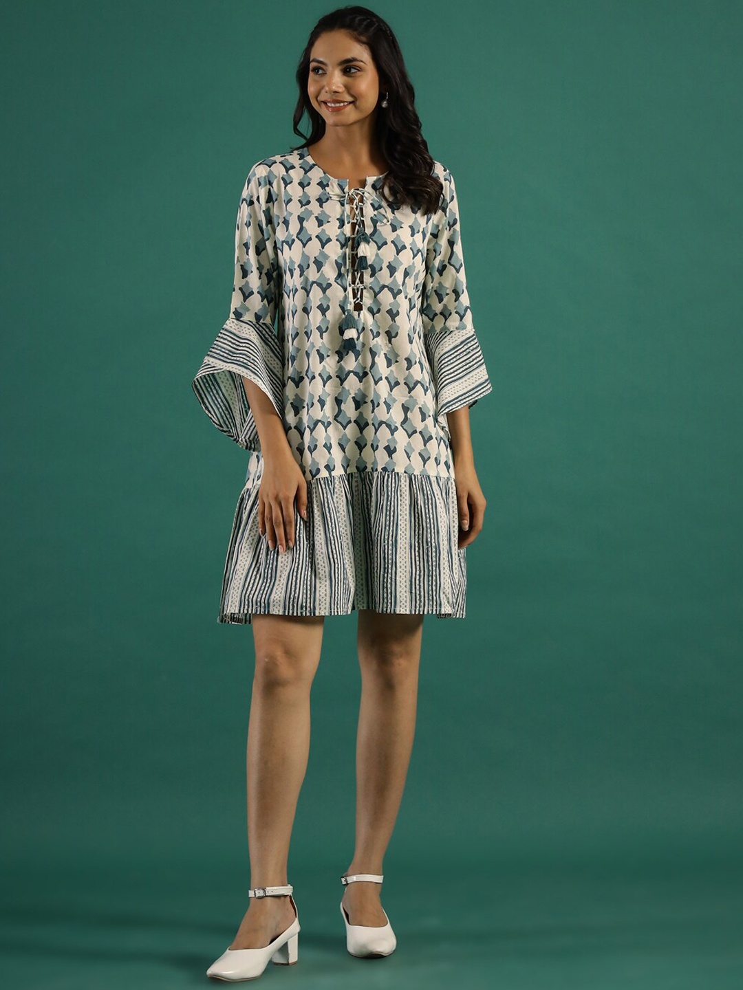

RangDeep Ethnic Motifs Printed Tie-Up Neck Bell Sleeve Cotton A-Line Dress, Cream