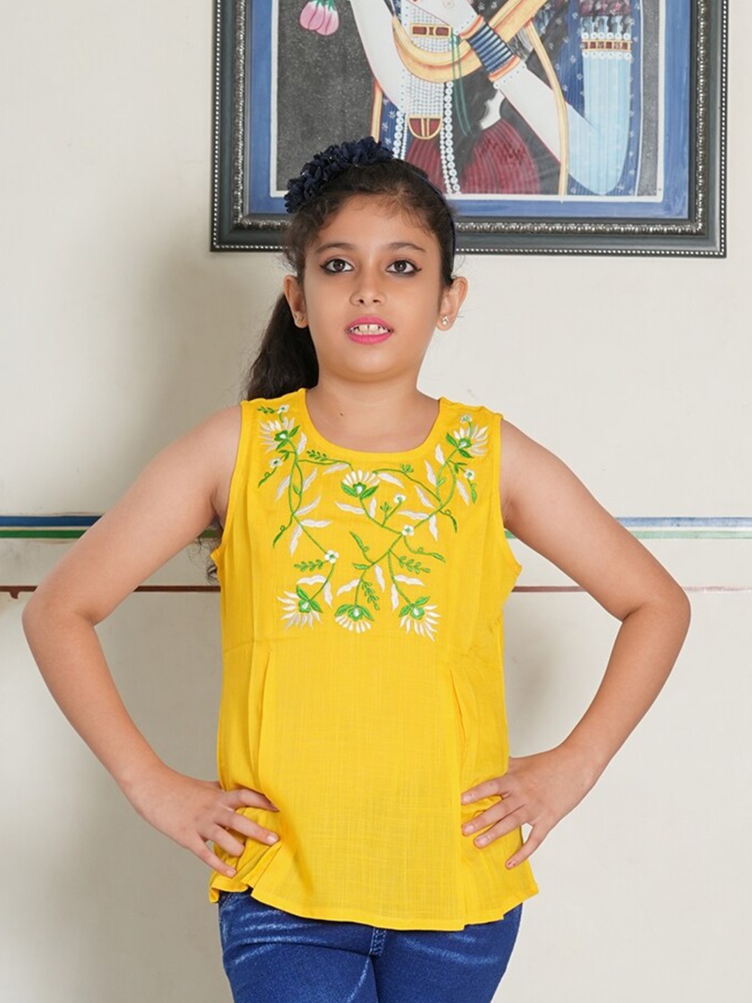 

YASH GALLERY Floral Print Embroidered Sleeveless Top, Yellow