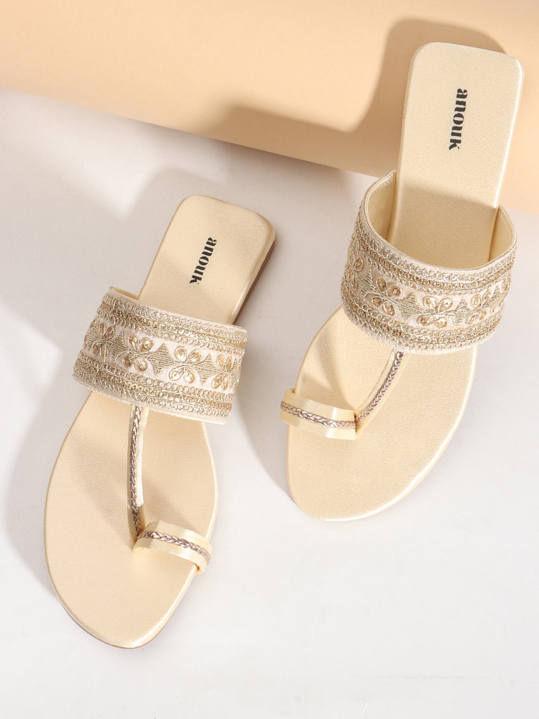 

Anouk Embroidered Open Toe Flats, Gold