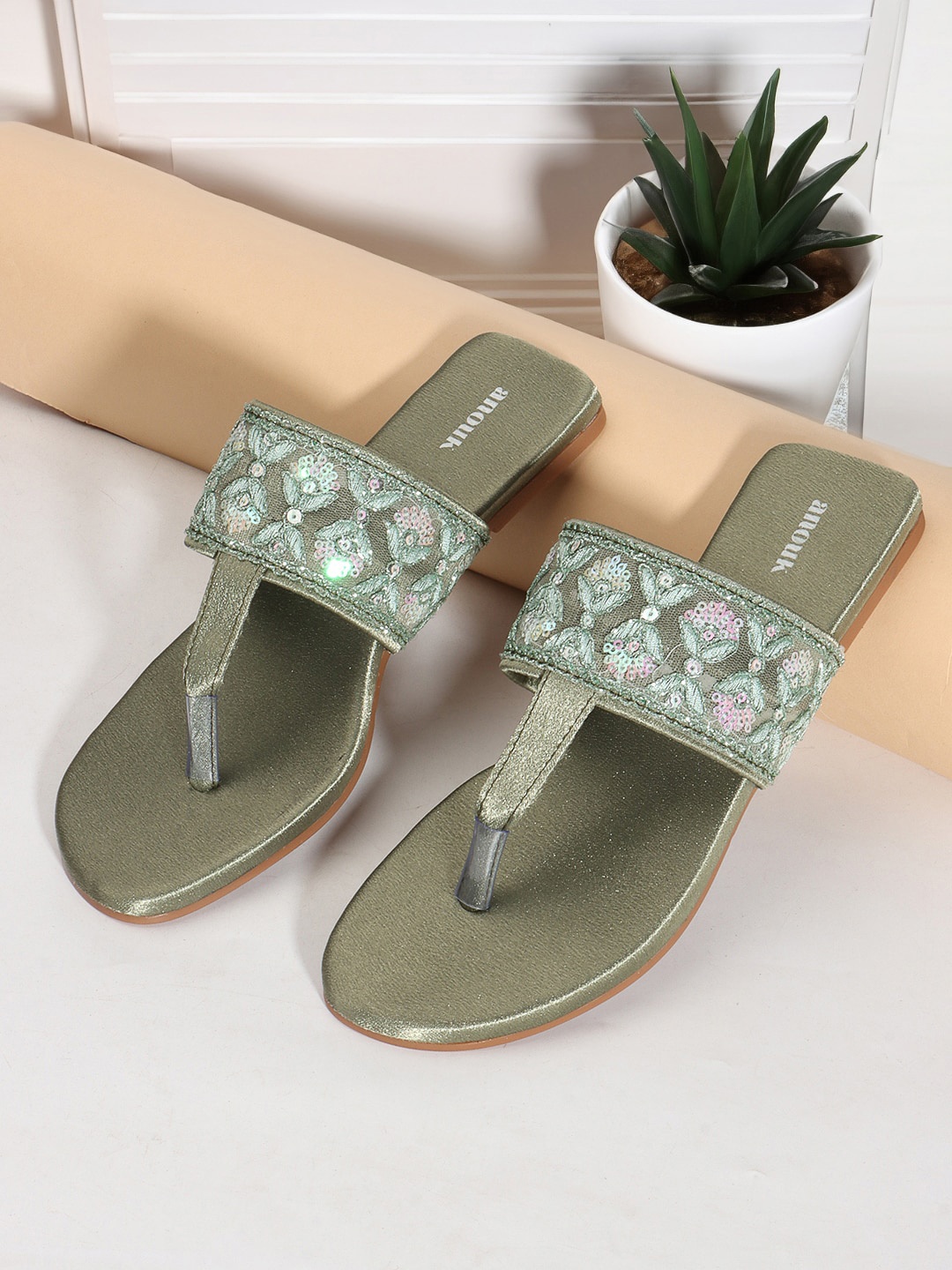 

Anouk Olive Green Embellished Open Toe T-Strap Flats