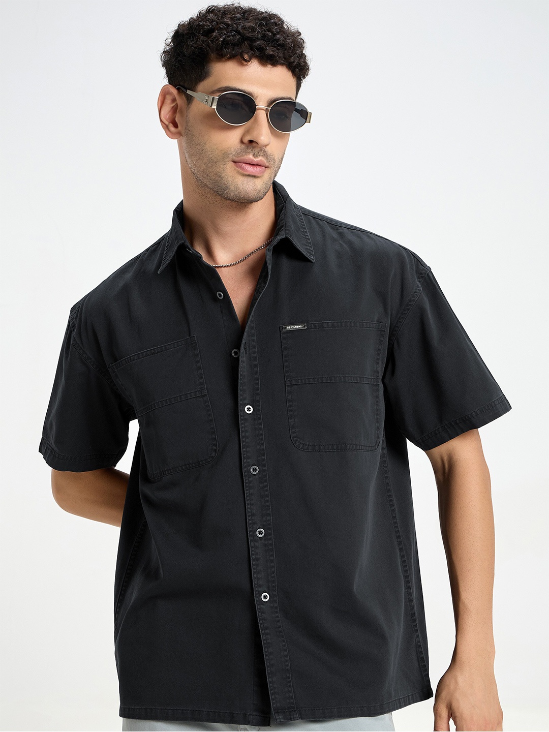 

Beyoung Spread Collar Cotton Relaxed Fit Casual Shirt, Black